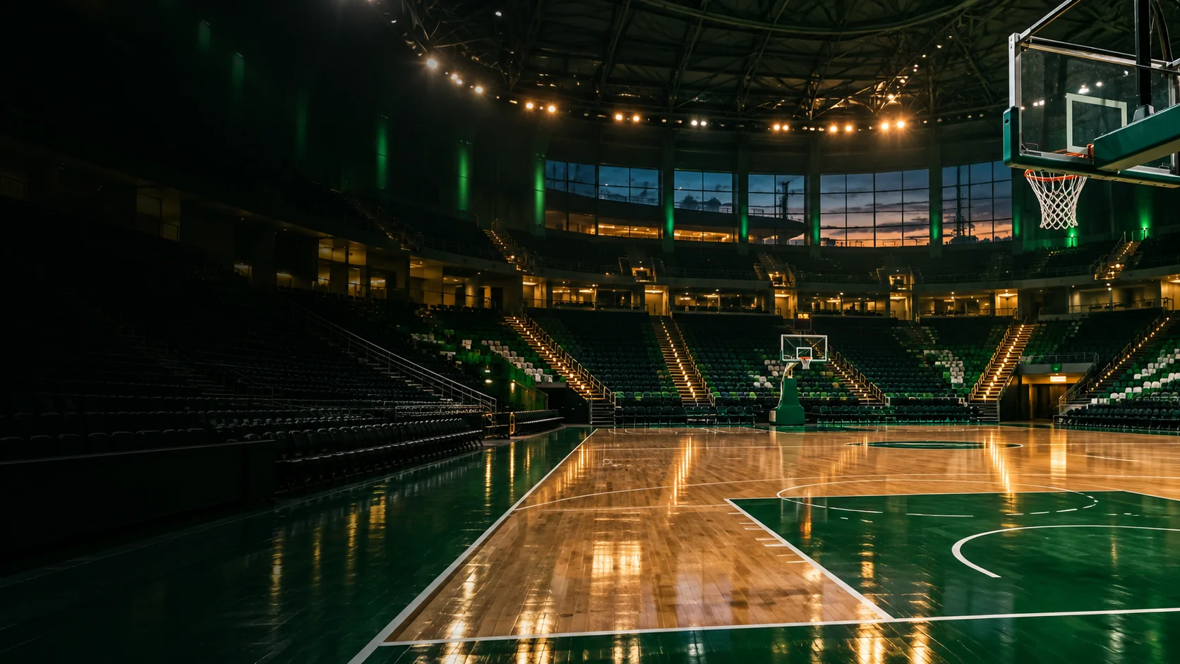 An empty indoor basketball arena with a hoop and green seating.