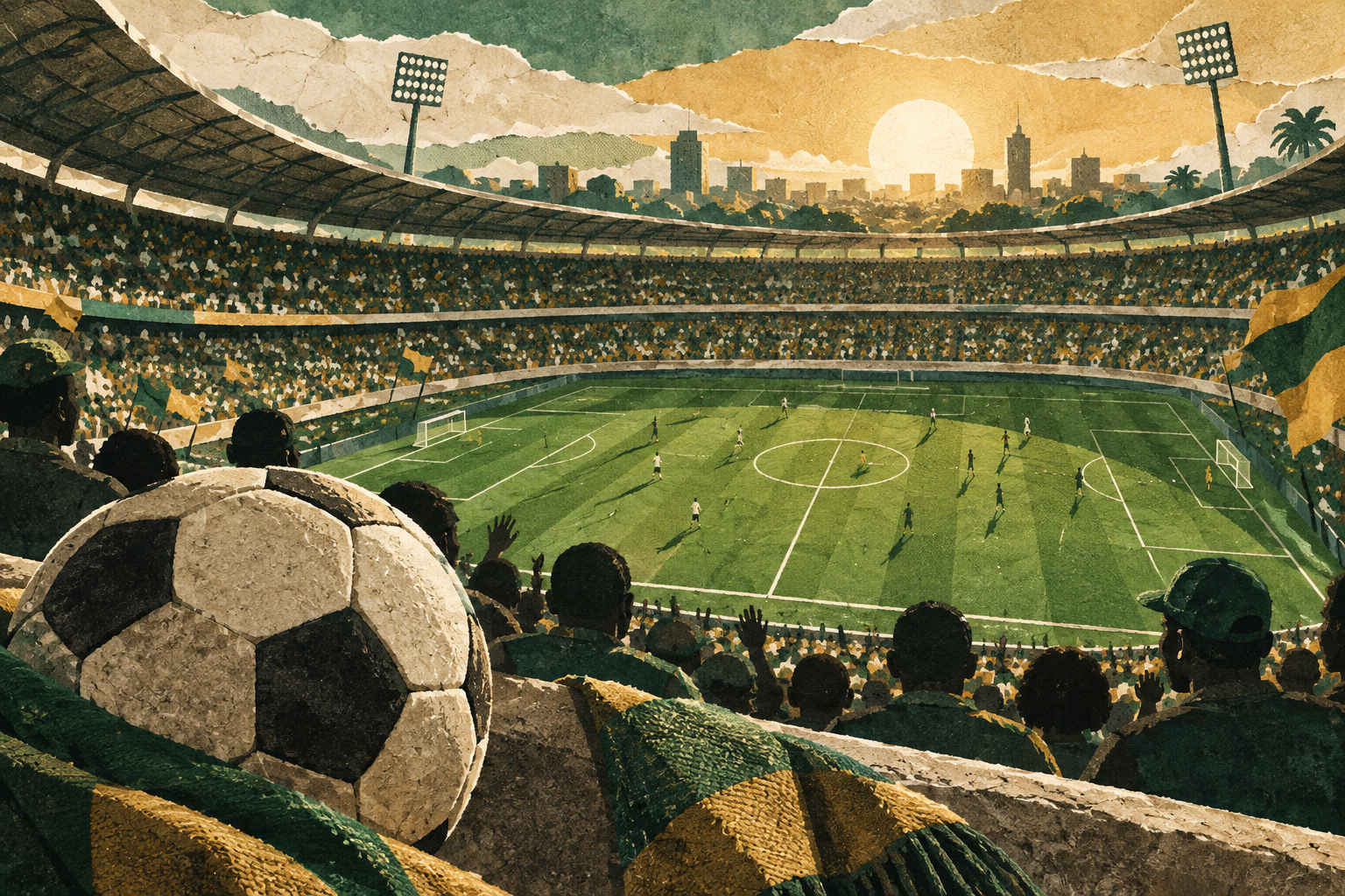 Textured illustration of a football stadium in green and gold